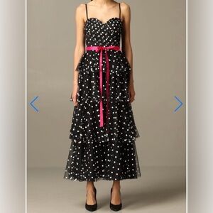 NWT Forever Unique Polka Dot Tiered Black Maxi Dress with Pink Sash